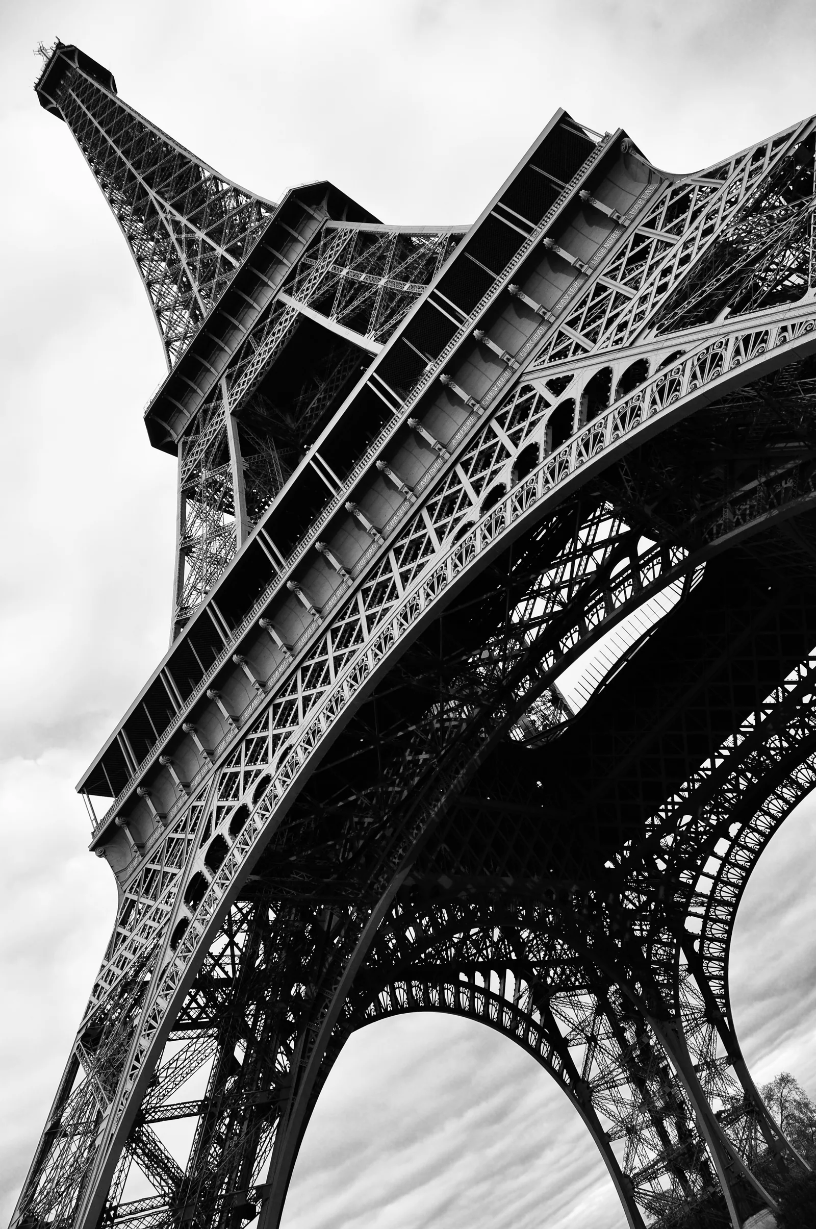 Eiffel Tower in black and white, low angle